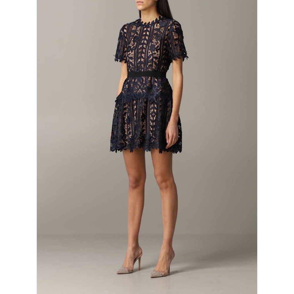 Self Portrait Floral Lace Short Sleeve A Line Dress Navy Nude Size US10 - Picture 7 of 12